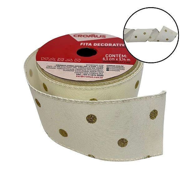 Fita Aramada Decorativa de Natal - Poá Dourado - 6,3cmx9,14m - 1 unidade - Cromus - Rizzo