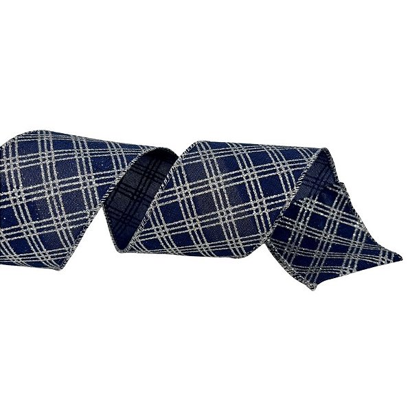 Fita Aramada Decorativa de Natal - Xadrez Azul e Prata - 6,3cmx9,14m - 1 unidade - Cromus - Rizzo