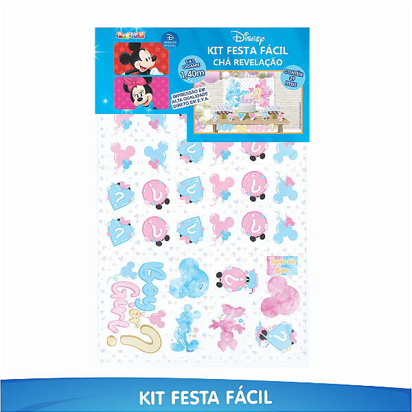 Kit Festa Fácil Chá Revelação Mickey e Minnie - 39 Itens - 01 Unidade - Disney Original - Rizzo