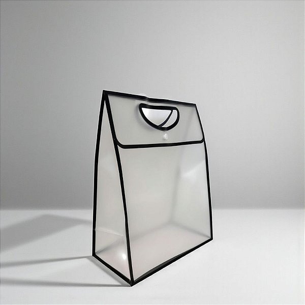 Sacola Transparente Fosca Pvc Alça Plana e Botão Preta - 24x18x9,5cm - 1 unidade - Rizzo