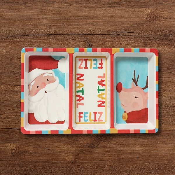 Petisqueira de Natal 3 Divisões - Noel Aquarelado Vermelho e Azul - 31x15,3x2,3cm - 1 unidade - FlorArte - Rizzo