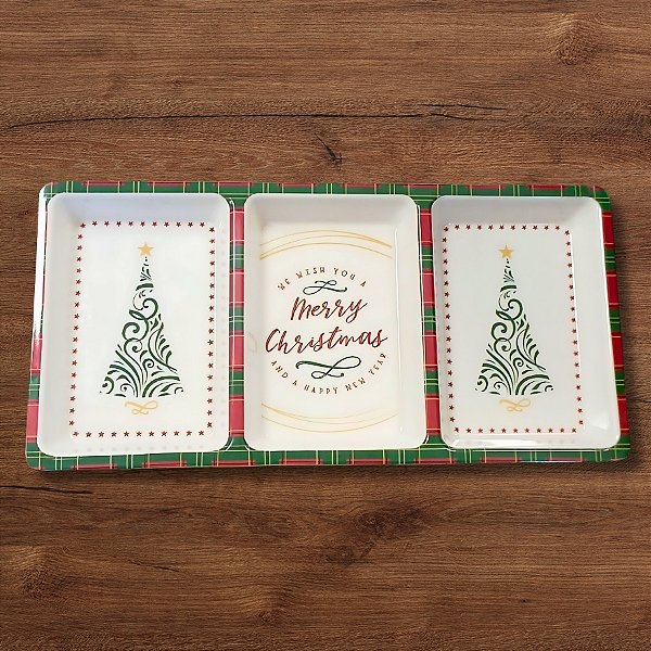 Petisqueira de Natal 3 Divisões - Xadrez Verde e Vermelho - 31x15,3x2,3cm - 1 unidade - FlorArte - Rizzo