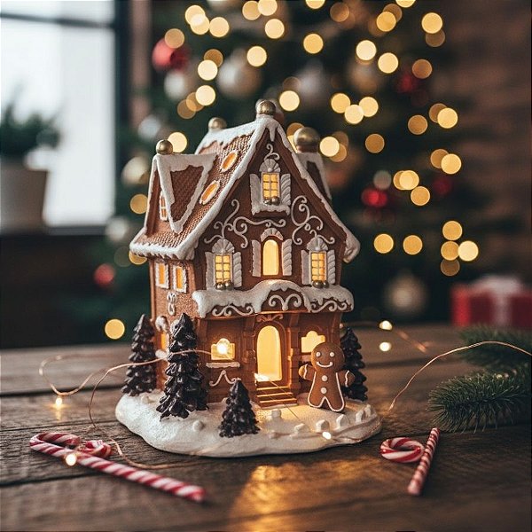 Enfeite De Natal em Resina - Casa De Ginger Bread Com LED - 21x14,5x13cm - 1 unidade - Cromus - Rizzo