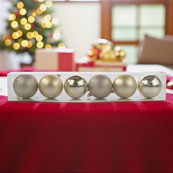 Bolas de Natal em Tubo - Champagne Lisa, Matte e Glitter - 4cm - 6 unidades - Cromus - Rizzo