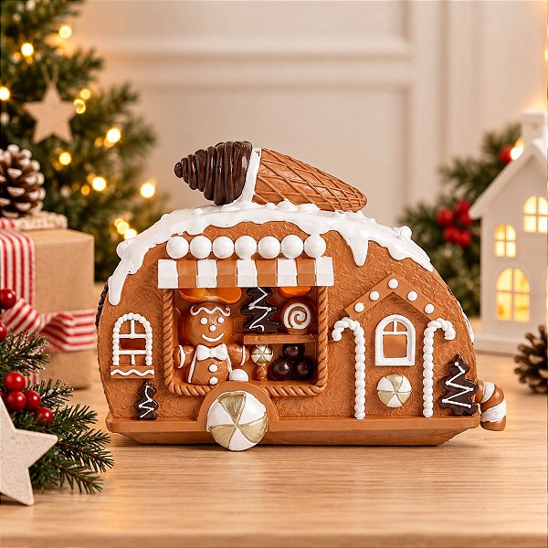 Enfeite De Natal em Resina - Trailer Ginger - Marrom e Branco - 16x12,7cm - 1 unidade - Cromus - Rizzo