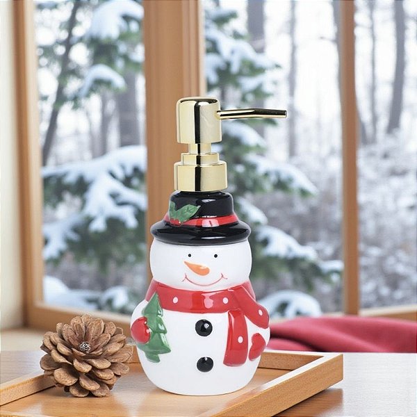 Saboneteira de Cerâmica - Boneco de Neve - Branco e Vermelho - 18x8,5cm - 1 unidade - Cromus - Rizzo