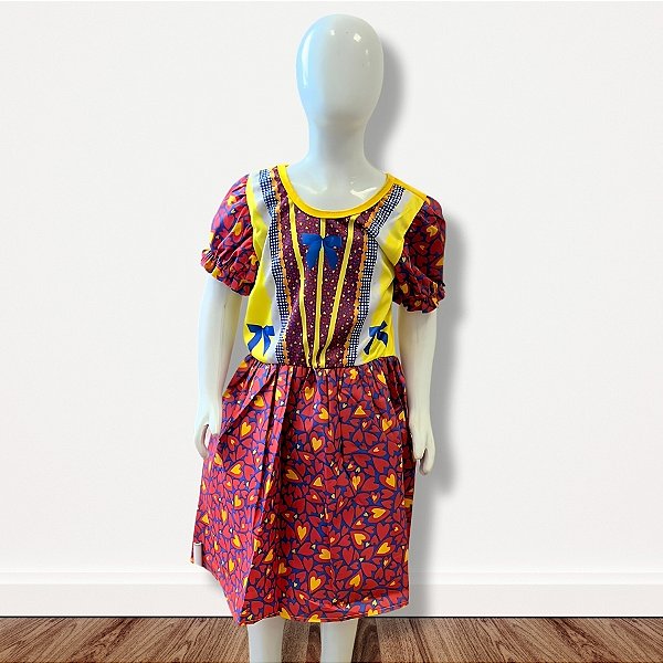 Vestido de Festa Junina Colorido - Fofurinha - Amarelo e Vermelho com Corações - GG - 1 unidade - Rizzo