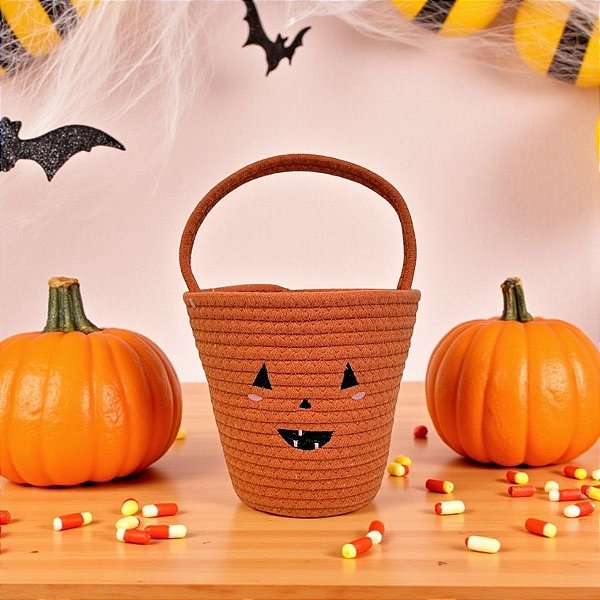 Cesta de Algodão de Halloween - Abóbora - Laranja e Preto - 18x18x18cm - 1 unidade - Florarte - Rizzo