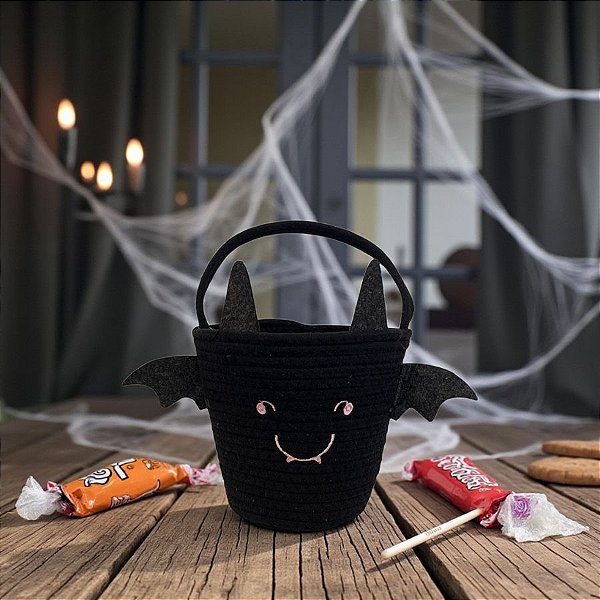 Cesta de Algodão de Halloween - Morcego - Preto e Rosa - 18x18x18cm - 1 unidade - Florarte - Rizzo
