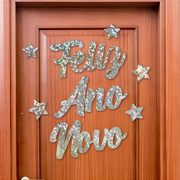 Painel Decorativo - Feliz Ano Novo - Prata Holográfico - 30x15cm  - 1 unidade - Regina - Rizzo