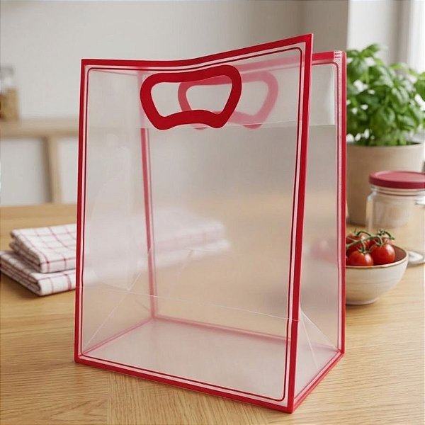 Sacola Transparente Fosca Pvc Alça Plana Vermelho - 40x30x12cm - 1 unidade - 1 unidade - Cromus - Rizzo