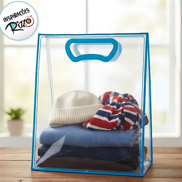 Sacola Transparente Fosca Horizontal Pvc Alça Plana Azul Claro - 22x30x9cm - 1 unidade - 1 unidade - Cromus - Rizzo