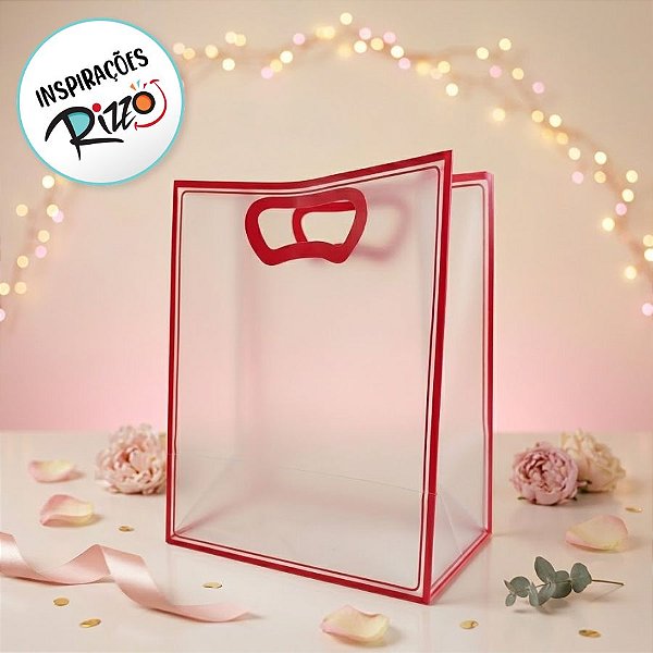 Sacola Transparente Fosca Pvc Alça Plana Vermelho - 25x15x9cm - 1 unidade - 1 unidade - Cromus - Rizzo