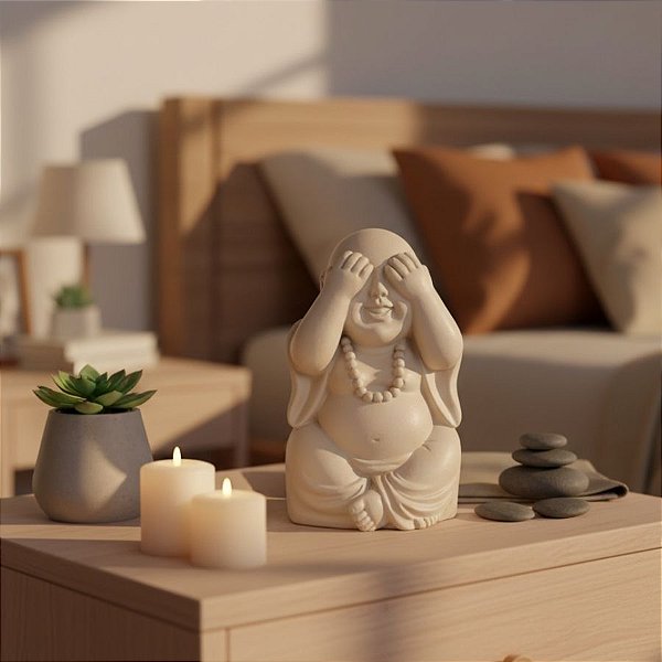 Escultura Buda em Cimento - Cego - Bege - 11,5x6cm - 1 unidade - Rizzo