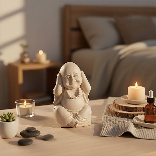 Escultura Buda em Cimento - Surdo - Bege - 11,5x6cm - 1 unidade - Rizzo