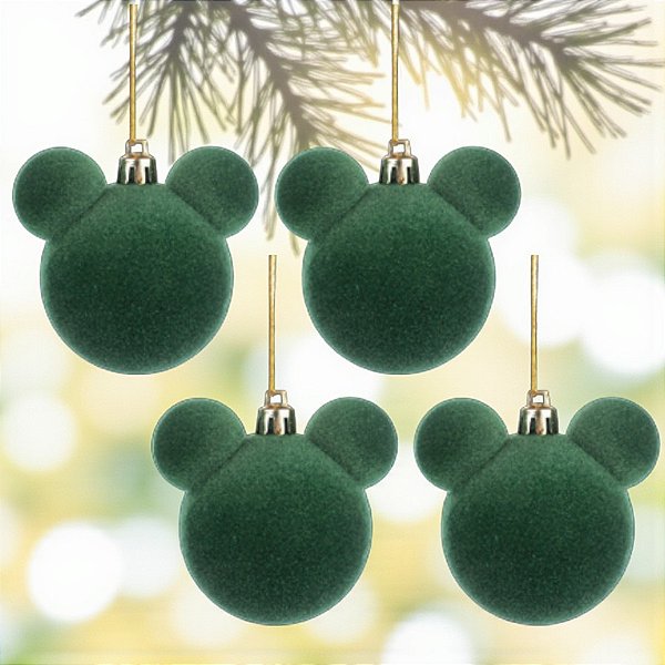 Bola de Natal - Mickey - Aveludada Verde - 8cm - 4 unidades - Disney Original - Rizzo