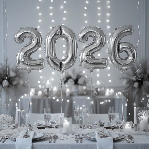Balão de Festa Microfoil 32" 80cm - Kit "2026" Prata - 1 unidade - Rizzo