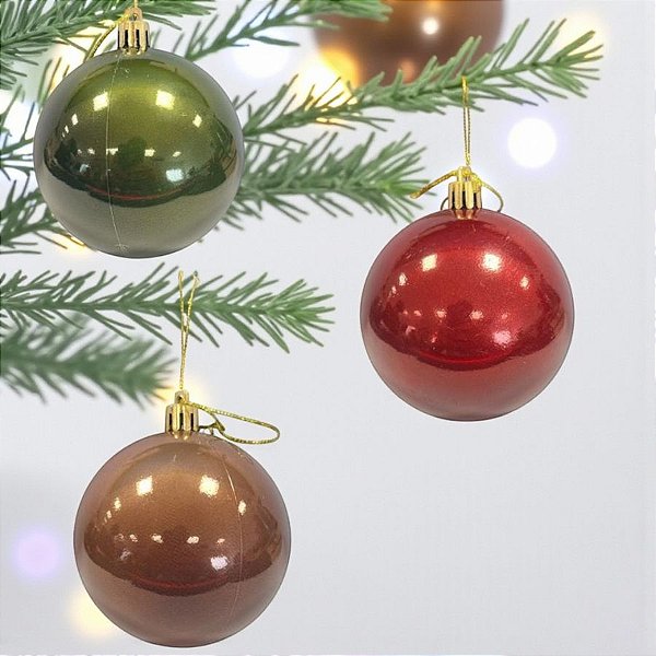 Bolas de Natal em Tubo - Kit Grande Vermelho/Verde/Marrom - 8x8cm - 50 unidades - Rizzo