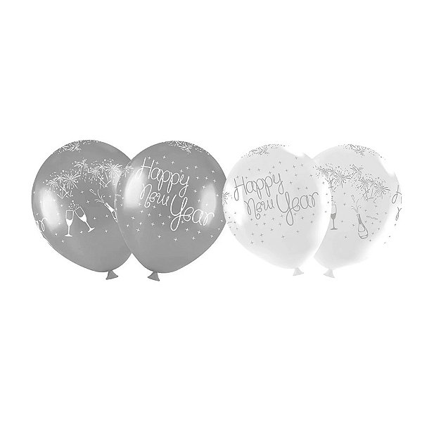 Balão de Festa Redondo Profissional Látex Decorado 11" 28cm - Happy New Year Sortido - 25 unidades - Art-Latex - Rizzo
