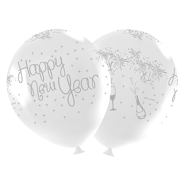 Balão de Festa Redondo Profissional Látex Decorado 11" 28cm - Happy New Year Branco - 25 Unidades - Art-Latex