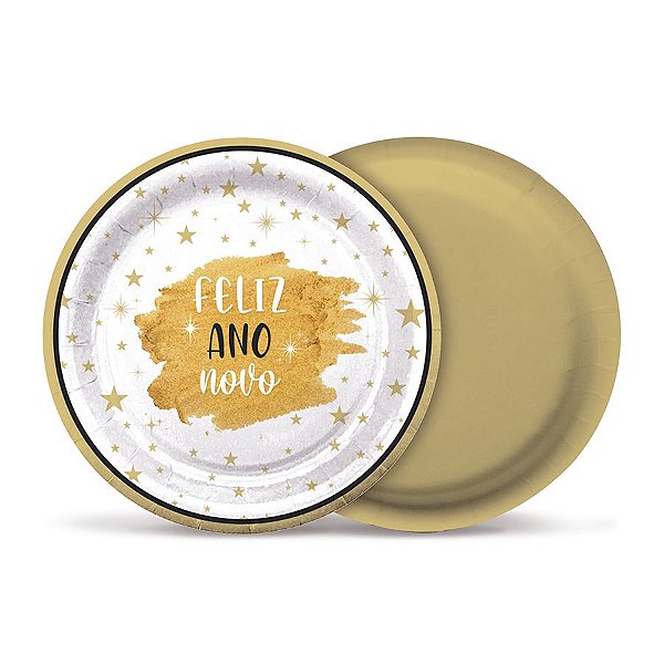 Prato de Papel Feliz Ano Novo 18cm - 08 unidades - Cromus Reveillon - Rizzo Embalagens