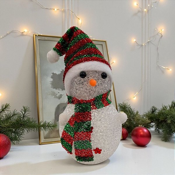 Enfeite Decorativo de Natal com Luz - Boneco de Neve com Cachecol - Vermelho e Verde - 24cm - 1 unidade - Rizzo