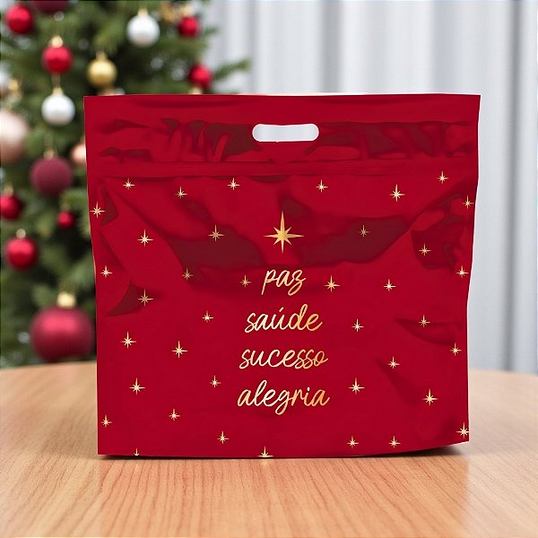 Sacola de Natal Laminada com Zip - Desejos Vermelho e Ouro - 32x40x9cm - 1 unidade - Cromus - Rizzo