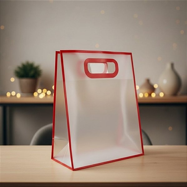 Sacola Transparente Fosca Pvc Alça Plana Vermelho - 27x21x11cm - 12 unidades - Rizzo