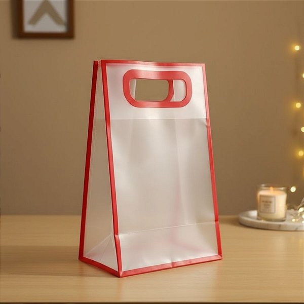 Sacola Transparente Fosca Pvc Alça Plana Vermelho - 25x15x10cm - 12 unidades - Rizzo
