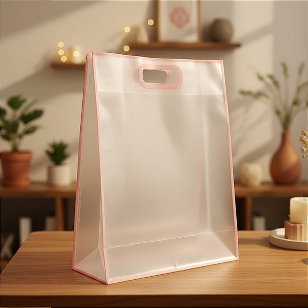Sacola Transparente Fosca Pvc Alça Plana Rosa Bebê - 40x30x12cm - 12 unidades - Rizzo