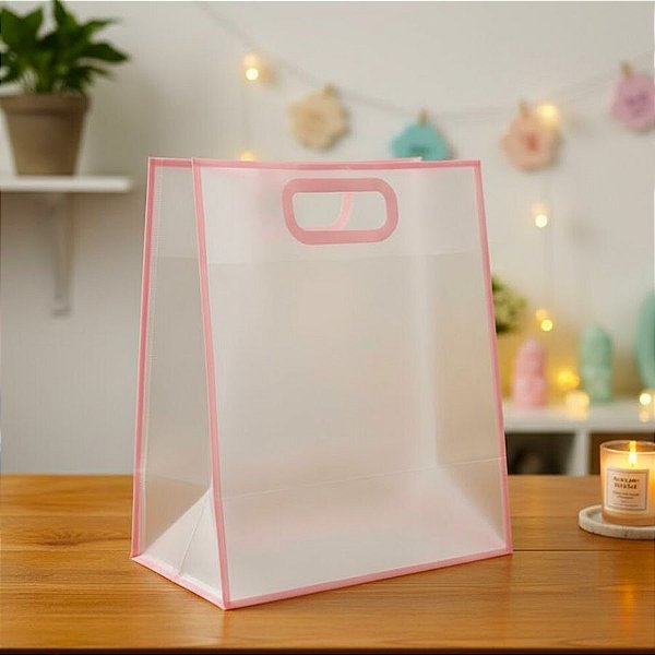 Sacola Transparente Fosca Pvc Alça Plana Rosa Bebê - 30x25x15cm - 12 unidades - Rizzo