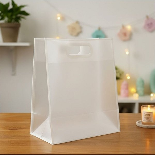 Sacola Transparente Fosca Pvc Alça Plana Branco - 30x25x15cm - 12 unidades - Rizzo