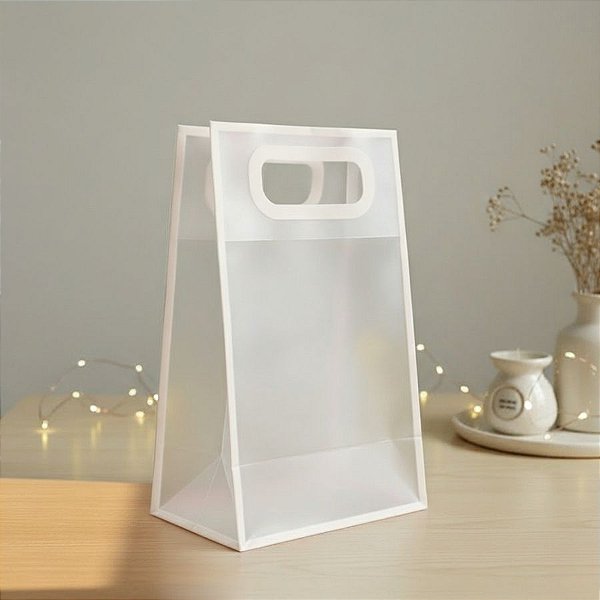 Sacola Transparente Fosca Pvc Alça Plana Branco - 25x15x10cm - 12 unidades - Rizzo