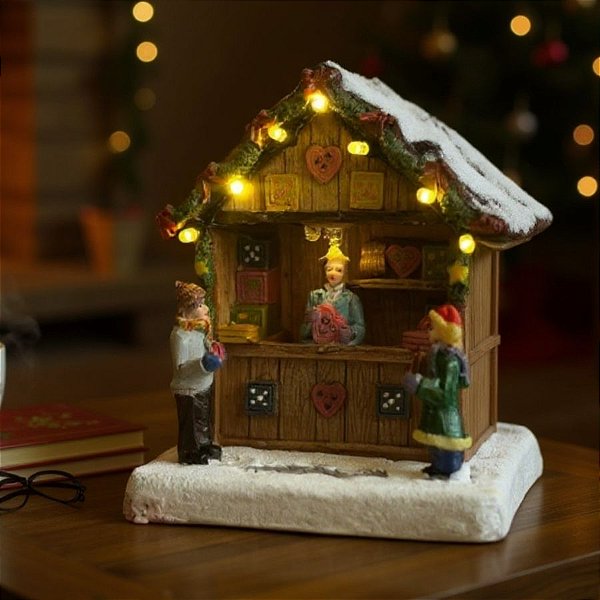 Cenário De Natal - Lojinha de Madeira com Luz - 10,5x10,5x15cm - RZO02308 - 1 unidade - Rizzo