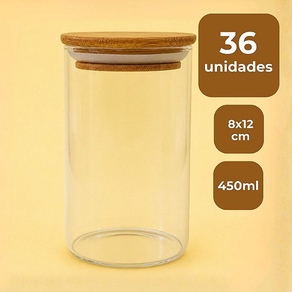 Pote de Vidro Hermético com Tampa de Bambu - 8x12cm - 450ml - 36 unidades - Rizzo