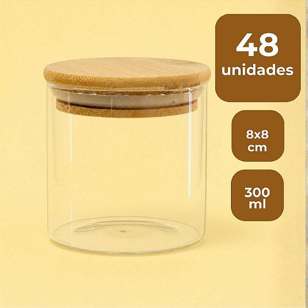 Pote de Vidro Hermético com Tampa de Bambu - 8x8cm - 300ml - 48 unidades - Rizzo