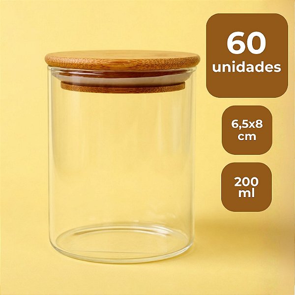 Pote de Vidro Hermético com Tampa de Bambu - 6,5x8cm - 200ml - 60 unidades - Rizzo