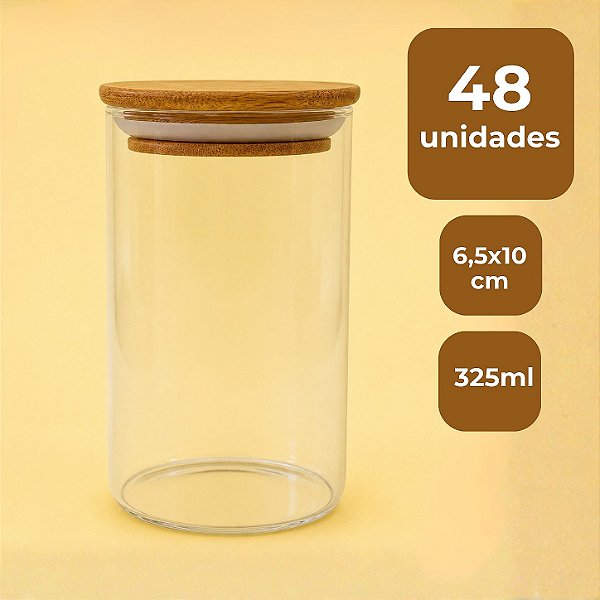 Pote de Vidro Hermético com Tampa de Bambu - 6,5x10cm - 325ml - 48 unidades - Rizzo