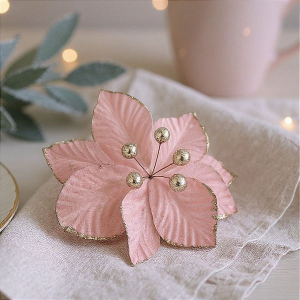 Poinsétia Decorativa - Rosa/Dourado e Glitter - 23cm - 1 unidade - Cromus - Rizzo