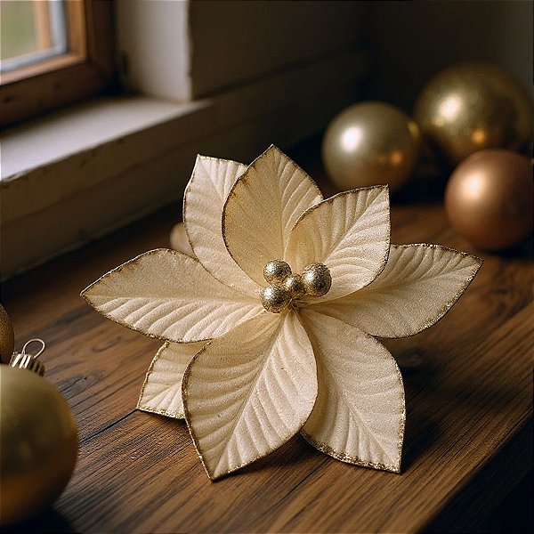 Poinsétia Decorativa - Magnólia Champagne/Dourado e Glitter - 23cm - 1 unidade - Cromus - Rizzo
