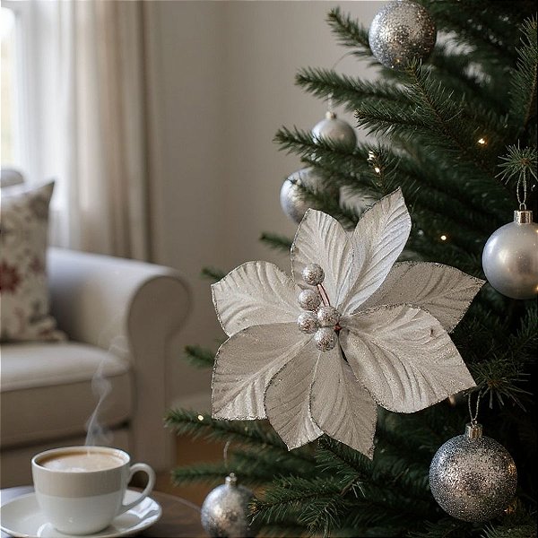 Poinsétia Decorativa - Magnólia Prata e Glitter - 23cm - 1 unidade - Cromus - Rizzo