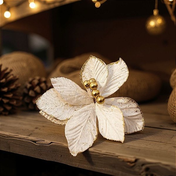 Poinsétia Decorativa - Magnólia Champagne/Dourado e Glitter - 23cm - 1 unidade - Cromus - Rizzo