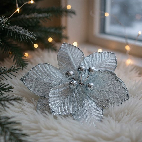 Poinsétia Decorativa - Magnólia Azul Claro e Glitter - 23cm - 1 unidade - Cromus - Rizzo