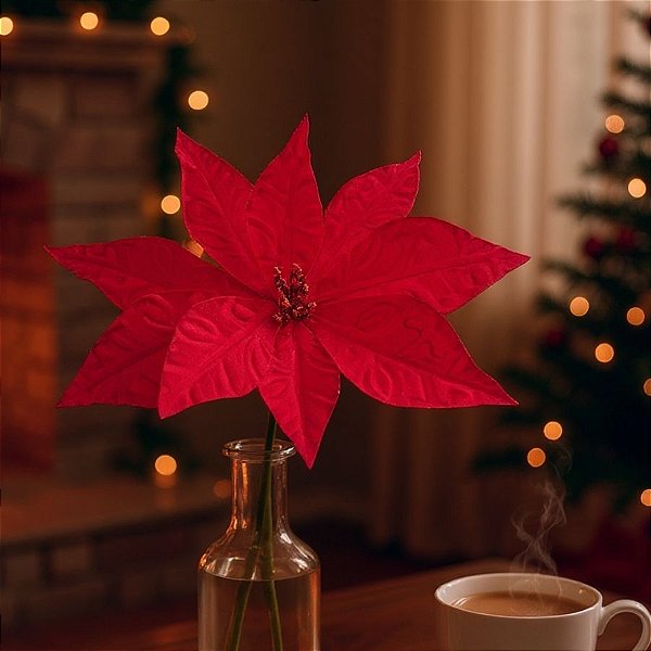 Poinsétia Decorativa - Vermelho e Glitter - 29cm - 1 unidade - Cromus - Rizzo