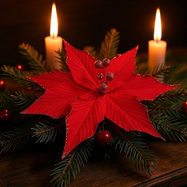 Poinsétia Decorativa - Vermelho e Glitter - 31cm - 1 unidade - Cromus - Rizzo