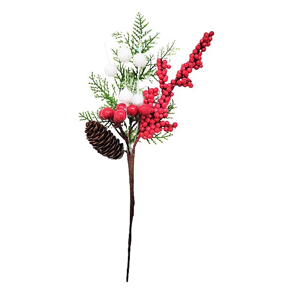 Pick Decorativo de Natal - Frutinhas Vermelhas e Pinha - 30cm - 1 unidade - Rizzo