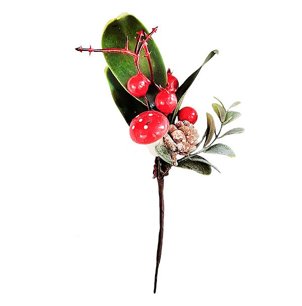 Pick Decorativo de Natal - Folhas, Cogumelo e Frutinhas - 19cm - 1 unidade - Rizzo