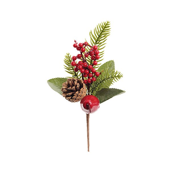 Pick Decorativo de Natal - Folhas, Frutas e Pinha - 25cm - 1 unidade - Cromus - Rizzo