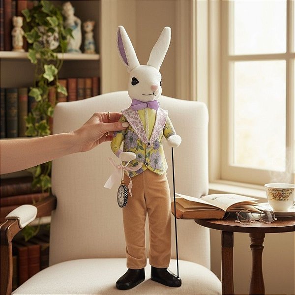 Coelho de Páscoa com Roupa Bordada Amarela e Roxa e Relógio - Linha Realeza Premium - 75cm   - 1 unidade - Rizzo