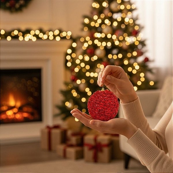 Bolas de Natal - Vermelho Glitter - 8cm - 3 unidades - Cromus - Rizzo